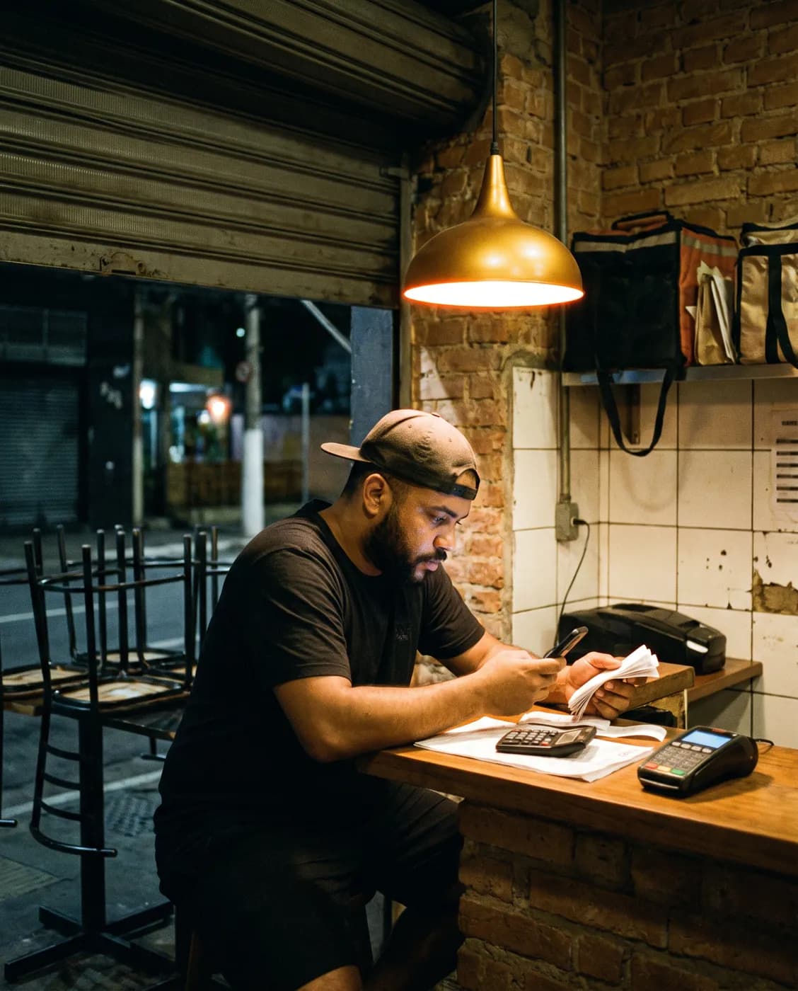 Dono de hamburgueria fechando o caixa depois do expediente